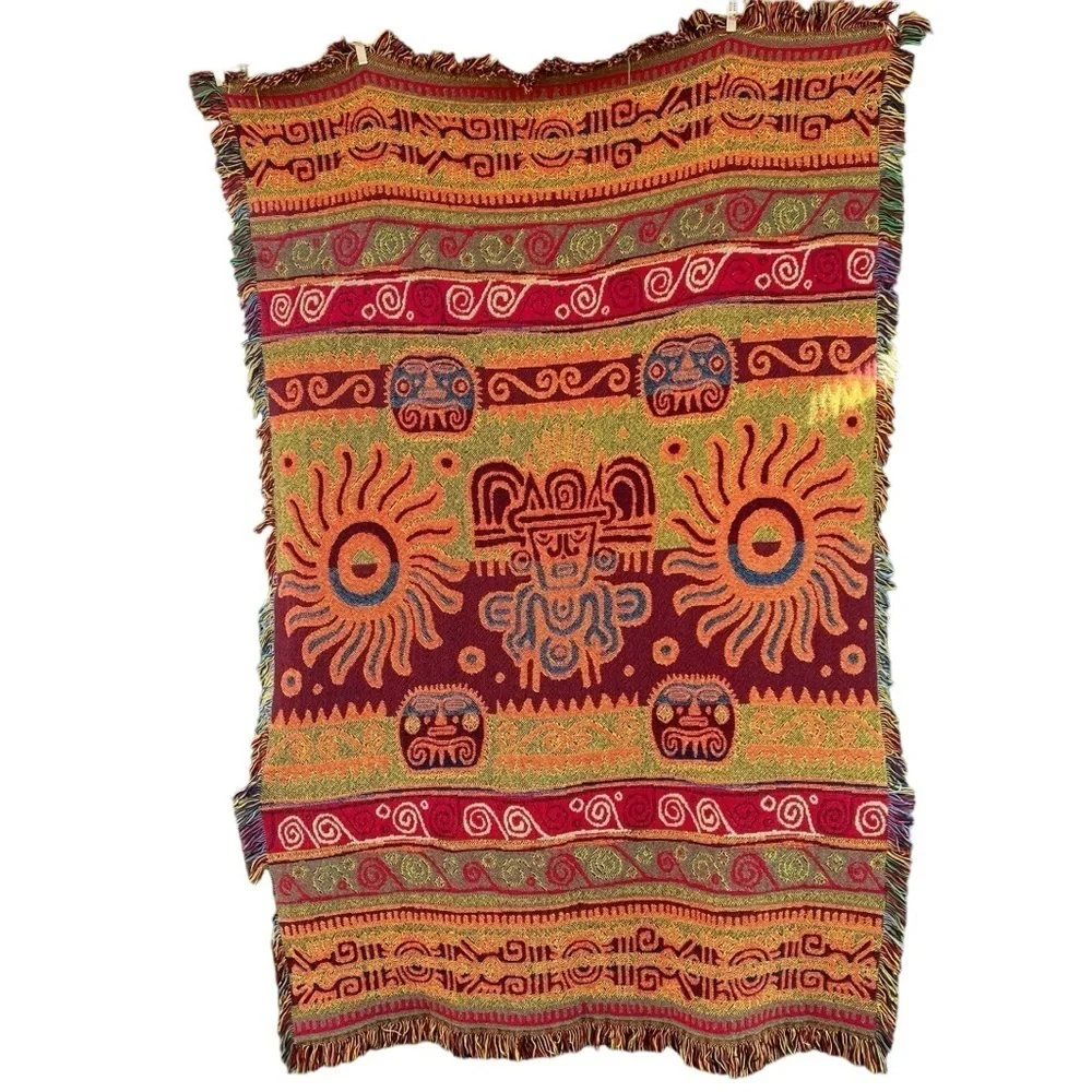 Mayan Aztec Native Woven Throw Fringed Bright Multicolor Tribal Design 49x72 GUC